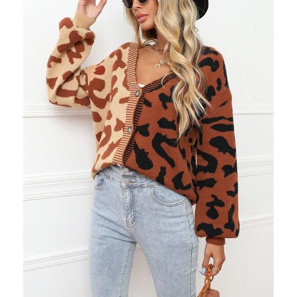 Women's Leopard Print Button Down Long Sleeve Cardigan Acrylic Large - Picture 7 of 7